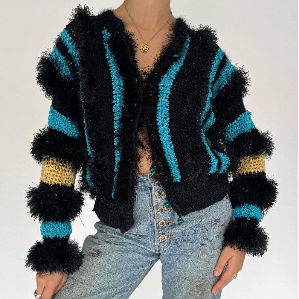 vintage striped fluffy puffed 3D textured crazy eyelash knit sweater cardigan